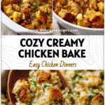 Golden baked Creamy Chicken and Stuffing Bake in a casserole dish topped with crispy stuffing and creamy sauce.